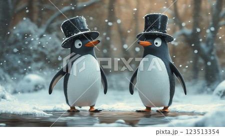 Two penguins wearing top hats in winter wonderland 123513354