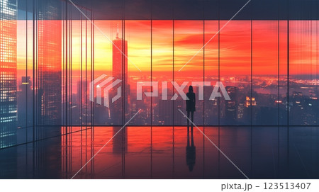 Silhouette viewing vibrant city skyline at sunset 123513407