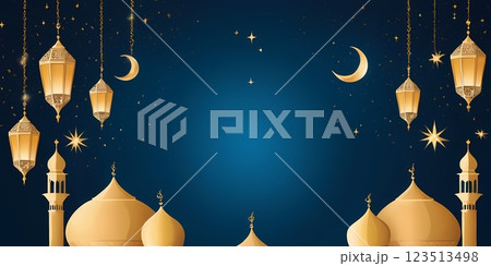 Ramadan Night Background with Golden Lanterns and Crescent Moon Ramadan Night Background with Golden Lanterns and Crescent Moon 123513498