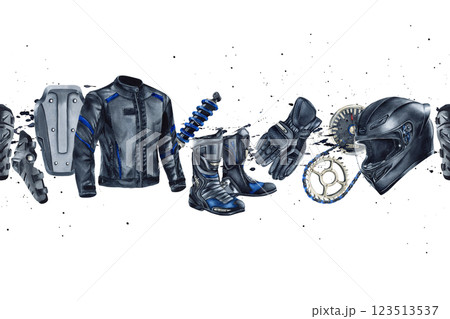 Seamless banner motorcycle helmet, gloves, boots, jacket. Border Moto wear, moto gear, chain, shock absorber. Watercolor illustration isolated from background. For web sites and advertising signboard 123513537