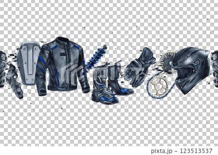 Seamless banner motorcycle helmet, gloves, boots, jacket. Border Moto wear, moto gear, chain, shock absorber. Watercolor illustration isolated from background. For web sites and advertising signboard 123513537