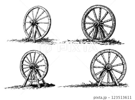 Vintage wooden wagon wheels, engraved illustration in rustic style Vintage wooden wagon wheels, engraved illustration in rustic style 123513611