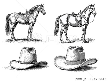 Cowboy-themed set with horses and hats, Wild West engraving Cowboy-themed set with horses and hats, Wild West engraving 123513616