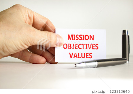 Mission objectives values symbol. Concept words Mission Objectives Values on beautiful white card. Beautiful white background. Businessman hand. Business mission objectives values concept. Copy space. Mission objectives values symbol. Concept words Mission Objectives Values on beautiful white card. Beautiful white background. Businessman hand. Business mission objectives values concept. Copy space. 123513640