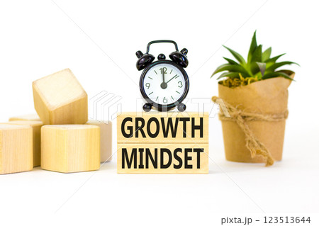 Growth mindset symbol. Wooden blocks with concept words Growth mindset on beautiful white background. Black alarm clock. Business growth mindset concept. Copy space. 123513644