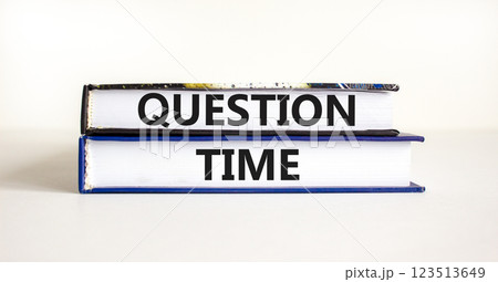 Question time symbol. Concept words Question time on beautiful books. Beautiful white background. Business and question time concept. Copy space. 123513649