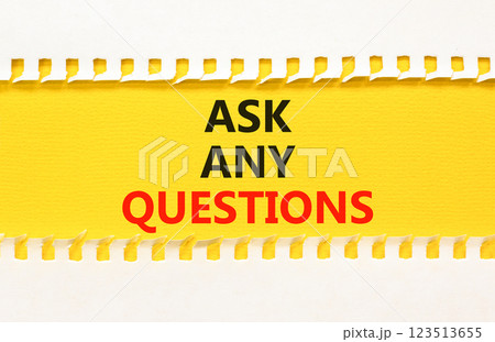Ask any questions symbol. Concept words Ask any questions on beautiful yellow paper. Beautiful yellow white background. Business ask any questions concept. Copy space. Ask any questions symbol. Concept words Ask any questions on beautiful yellow paper. Beautiful yellow white background. Business ask any questions concept. Copy space. 123513655
