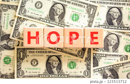 Hope symbol. Concept word Hope on beautiful wooden blocks. Dollar bills. Beautiful background from dollar bills. Business, lifestyle, support and hope concept. Copy space. Hope symbol. Concept word Hope on beautiful wooden blocks. Dollar bills. Beautiful background from dollar bills. Business, lifestyle, support and hope concept. Copy space. 123513712