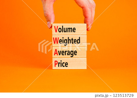 Volume Weighted Average Price symbol. Concept word VWAP Volume Weighted Average Price on blocks. Beautiful orange background Business motivational VWAP Volume Weighted Average Price concept Copy space 123513729