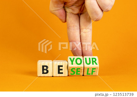 Motivational be yourself symbol. Concept words Be yourself on beautiful wooden block. Beautiful orange background Businessman hand. Business motivational be yourself concept. Copy space. 123513739
