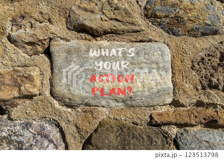Action plan symbol. Concept words What is your action plan on beautiful grey stone. Beautiful stone wall background. Business What is your action plan concept. Copy space 123513798