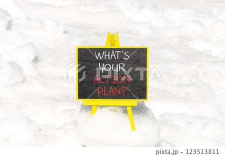 Action plan symbol. Concept words What is your action plan on beautiful black blackboard. Beautiful snow background. Business What is your action plan concept. Copy space 123513811