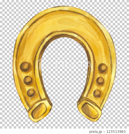 Watercolor golden horseshoe illustration. Good luck talisman. Design for Saint Patrick's Day. Theme of horses and equestrianism. Hand drawn on isolated background. For postcard, invitation, logo. 123513963