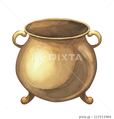Brown empty gold coin pot watercolor painted. Design element for Saint Patrick's Day. Halloween witch's cauldron. Hand drawn on isolated background. Perfect for postcard, invitation, logo Brown empty gold coin pot watercolor painted. Design element for Saint Patrick's Day. Halloween witch's cauldron. Hand drawn on isolated background. Perfect for postcard, invitation, logo 123513964