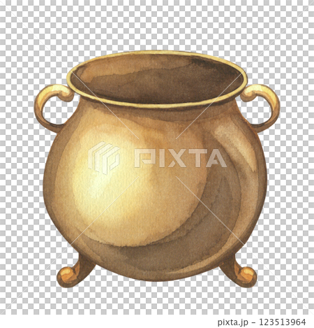 Brown empty gold coin pot watercolor painted. Design element for Saint Patrick's Day. Halloween witch's cauldron. Hand drawn on isolated background. Perfect for postcard, invitation, logo Brown empty gold coin pot watercolor painted. Design element for Saint Patrick's Day. Halloween witch's cauldron. Hand drawn on isolated background. Perfect for postcard, invitation, logo 123513964