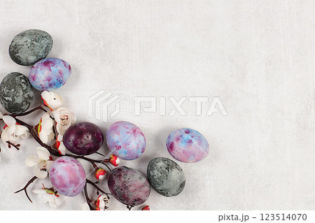 Easter eggs on a light elegant background with sakura branches, ideas for homemade Easter preparations. Marble eggs painted with hibiscus tea, Easter celebration concept 123514070