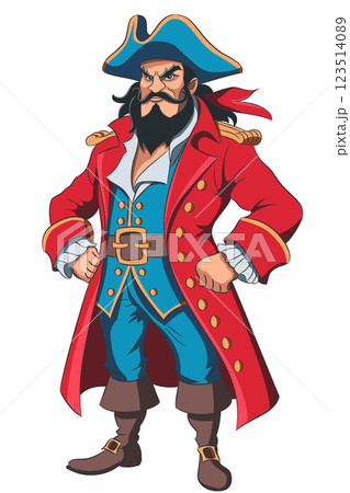 Vector illustration of a cartoon pirate character in a red and blue outfit and a cocked hat. 123514089