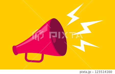 Vector icon of vintage megaphone for fake, breaking news or sale. Vector retro red megaphone with lightning on yellow background. Vector icon of vintage megaphone for fake, breaking news or sale. Vector retro red megaphone with lightning on yellow background. 123514160