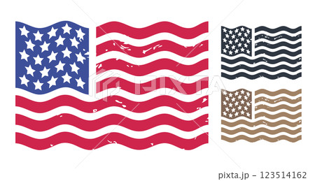 Vector set of vintage American flags. Vintage vector set of USA flags in retro style. 123514162