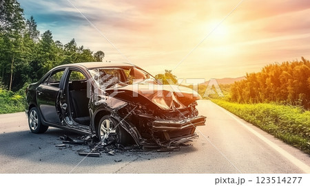 Wrecked car after road accident at sunset on country road 123514277