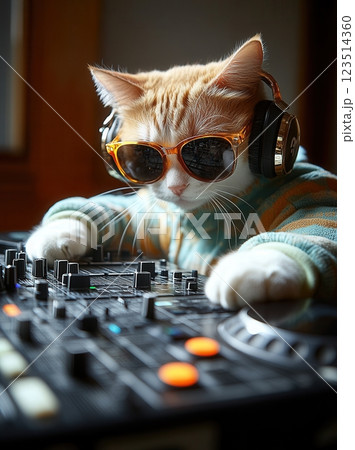 Ginger cat dj wearing sunglasses and headphones mixing music 123514360