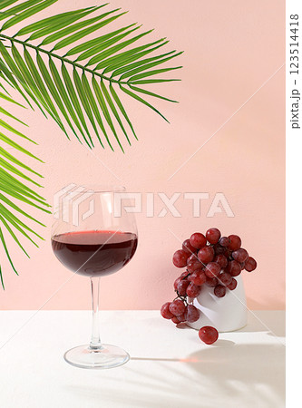 Modern still life with red wine, margarita alcoholic cocktail and grapes on a pastel background with long hard shadows, minimal concept for a bar, cafe, advertising banner, Modern still life with red wine, margarita alcoholic cocktail and grapes on a pastel background with long hard shadows, minimal concept for a bar, cafe, advertising banner, 123514418