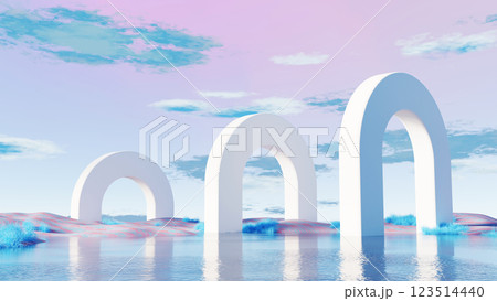 3D render, Surreal landscape with white arches reflecting on the water and pink dune background 3D render, Surreal landscape with white arches reflecting on the water and pink dune background 123514440