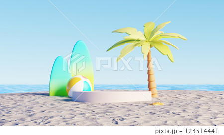 3D render, Tropical beach scene with empty podium, palm tree, surfboards, and beach ball on sandy shore 123514441