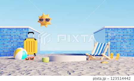 3D render, Beach scene and empty podium with sun, sunglasses, suitcase, beach ball, and lounge chair 123514442