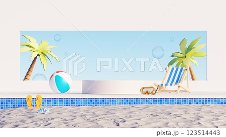 3D render, Beach scene with display podium for showing product, beach ball, pool, palm trees, lounge chair, and sunglasses 123514443