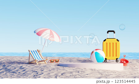 3D render, Beach scene with display podium for product presentation, umbrella, beach chair, suitcase, and beach ball 123514445