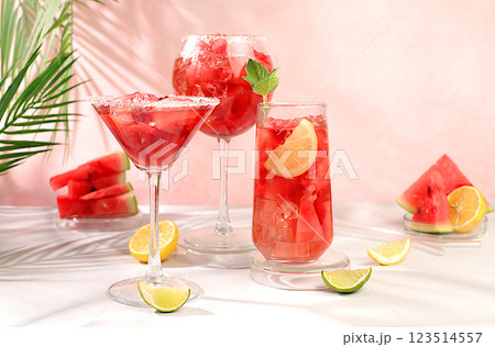 Various Watermelon frozen cocktails with fresh slices of watermelon, lime and mint, summer party and relaxation concept, advertising for bar, restaurant, cafe, . Various Watermelon frozen cocktails with fresh slices of watermelon, lime and mint, summer party and relaxation concept, advertising for bar, restaurant, cafe, . 123514557