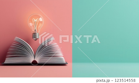 Open book with glowing light bulb floating above, generating innovative ideas Open book with glowing light bulb floating above, generating innovative ideas 123514558