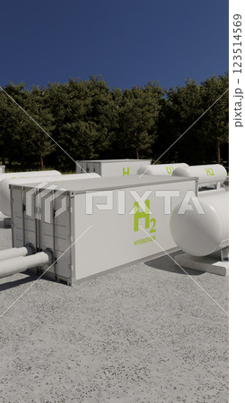 Green hydrogen production plant providing sustainable energy. 3d render Green hydrogen production plant providing sustainable energy. 3d render 123514569
