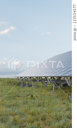 Solar panels providing clean energy in a green field under a cloudy sky. 3d render Solar panels providing clean energy in a green field under a cloudy sky. 3d render 123514577