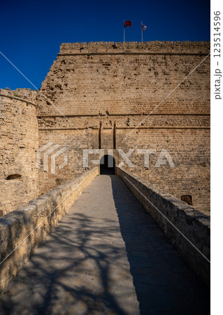 Gate to castle in Kyrenia old harbour without tourists, Northern Cyprus 123514596