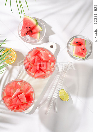 Watermelon frozen margarita cocktail with fresh slices of watermelon, lime and mint, summer party and vacation concept, bar advertising, cafe, selective focus. Watermelon frozen margarita cocktail with fresh slices of watermelon, lime and mint, summer party and vacation concept, bar advertising, cafe, selective focus. 123514623