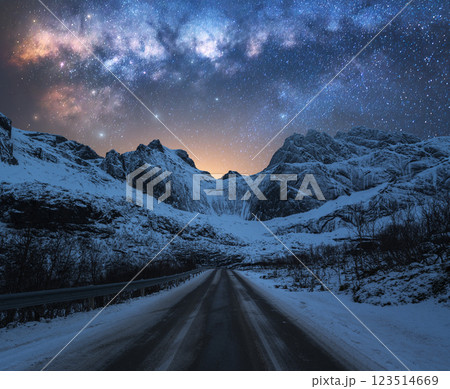 Milky Way over road, snowy mountains at winter starry night Milky Way over road, snowy mountains at winter starry night 123514669