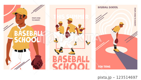 Set of school baseball game tournament, sports summer camp for young champion advertisement posters 123514697