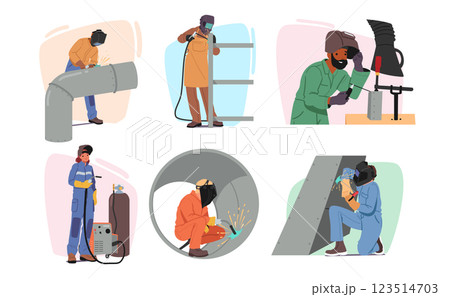 Welder worker characters in uniform working with metal, welding pipeline different cartoon scene set 123514703