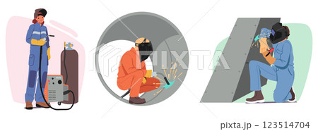 Man and woman welder laborer cartoon characters in uniform and protective helmet at work set 123514704