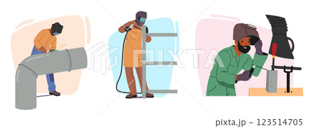 Welding set with industrial workers cartoon characters fixing pipe, building metal construction Welding set with industrial workers cartoon characters fixing pipe, building metal construction 123514705