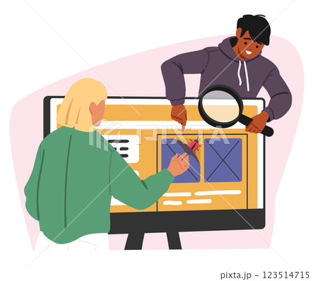 IT specialists team engaged in software testing process looking for program bugs and error IT specialists team engaged in software testing process looking for program bugs and error 123514715