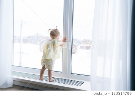 Rear view of cute curious toddler girl standing on windowsill, gazing out at cloudy landscape, enjoying cozy moment of wonder from warm home. Simple charming scene of childhood innocence. 123514799