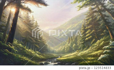 朝日に照らされる森のイメージ画像 123514833