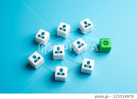 Increasing team efficiency by implementing artificial intelligence. Contacting all company participants at once. Communication and automation enhance workplace productivity. 123514979