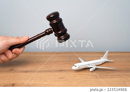 Passenger plane and court gavel. Concept of litigation cases for dispute resolution in the aviation industry. Passenger rights, airline regulations, contract disputes, and liability claims. 123514988