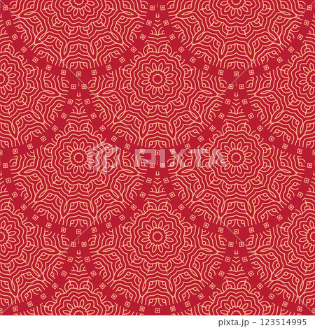 Vector Japanese seamless pattern in oriental geometric traditional style. Festive ornament for lunar chinese new year decoration. Red and golden asian creative motif. Abstract Waves and Circles 123514995