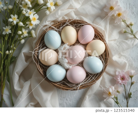 Pastel Easter eggs in a basket with flowers on a rustic background 123515340