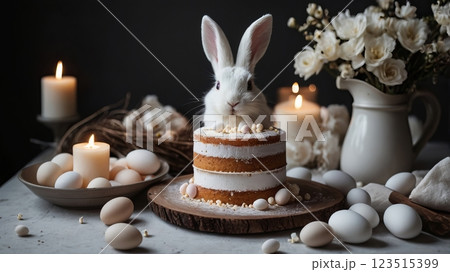 White fluffy Easter bunny with natural eggs in a rustic setting. 123515399